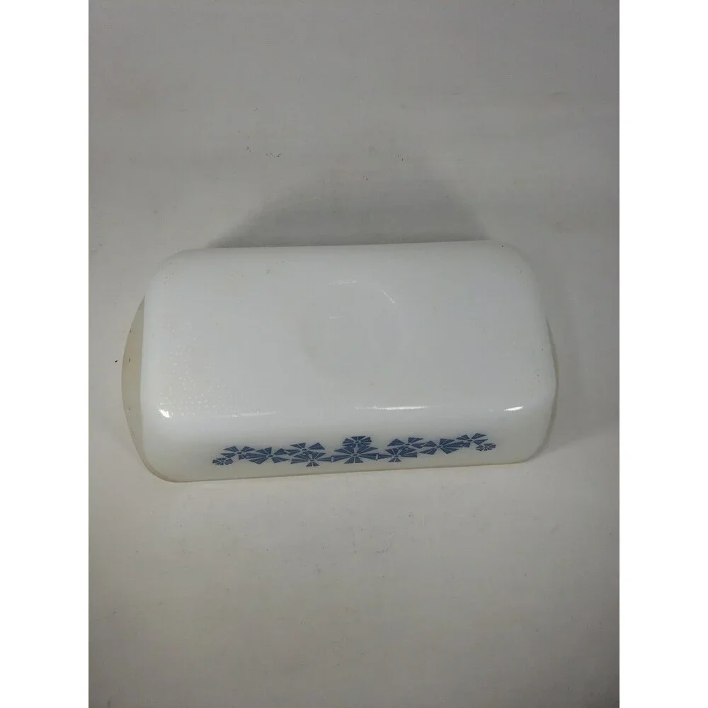 Vintage 1950s Glasbake J522 Loaf Pan Milk Glass Star Snowflake Blue Design MCM